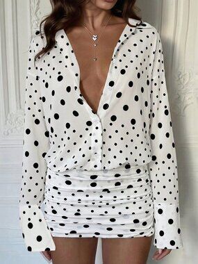White Casual Women's Polka Dot Long Sleeve Ruffle Mini Dress